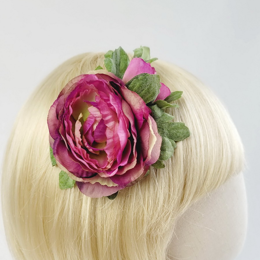 Pink Green Ranunculus Flower Hair Clip
