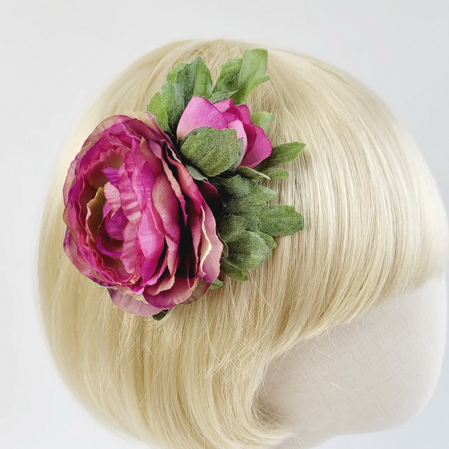 Pink Green Ranunculus Flower Hair Clip - Image 5