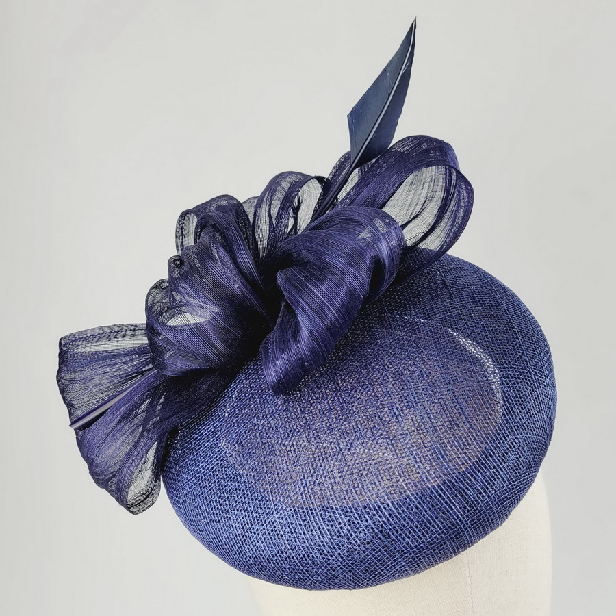 Navy Blue Large Button Hat with Abaca Loops and Feather - Image 5