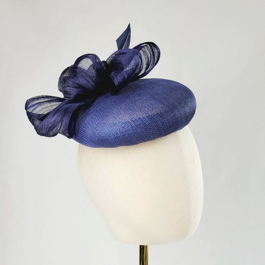 Navy Blue Large Button Hat with Abaca Loops and Feather - Image 4