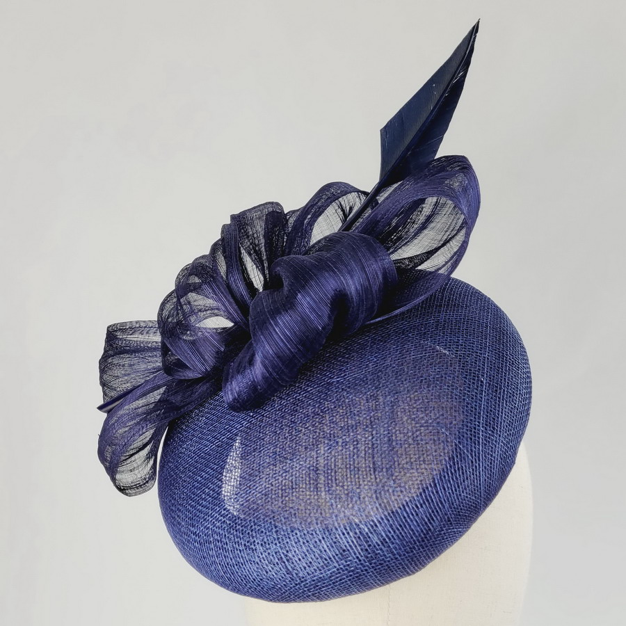 Navy Blue Large Button Hat with Abaca Loops and Feather - Image 3