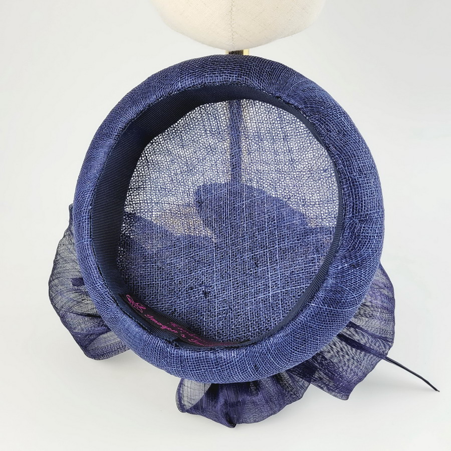 Navy Blue Large Button Hat with Abaca Loops and Feather - Image 7