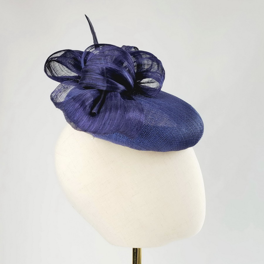 Navy Blue Large Button Hat with Abaca Loops and Feather - Image 6