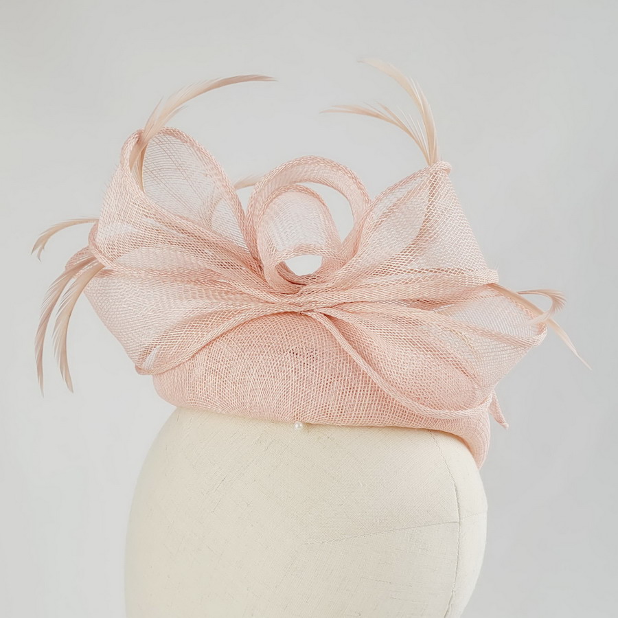 Pale Pink Sloped Beret Hat with Loops and Feathers - Image 12