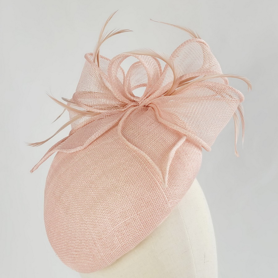 Pale Pink Sloped Beret Hat with Loops and Feathers - Image 4