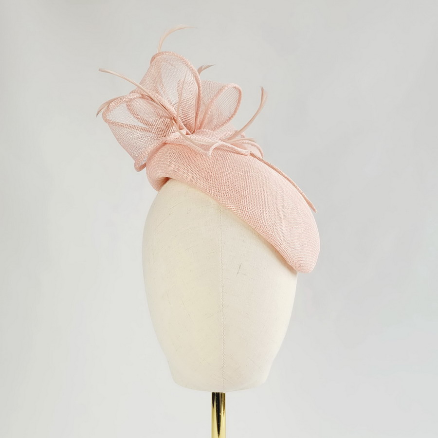 Pale Pink Sloped Beret Hat with Loops and Feathers - Image 7