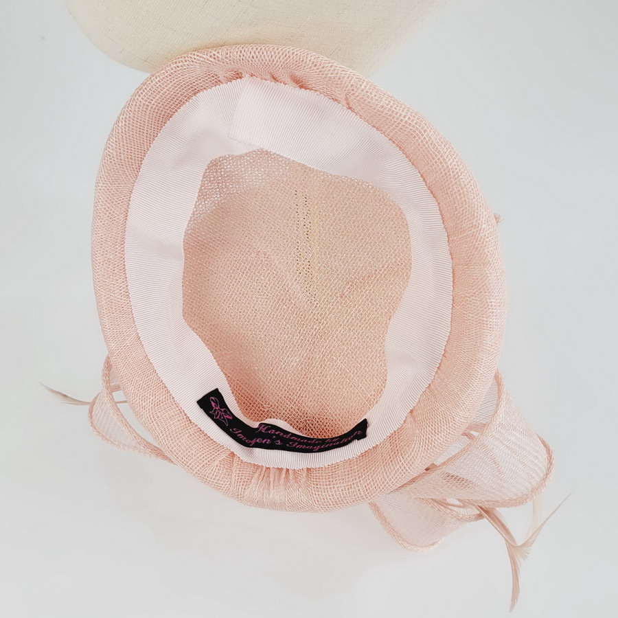 Pale Pink Sloped Beret Hat with Loops and Feathers - Image 6