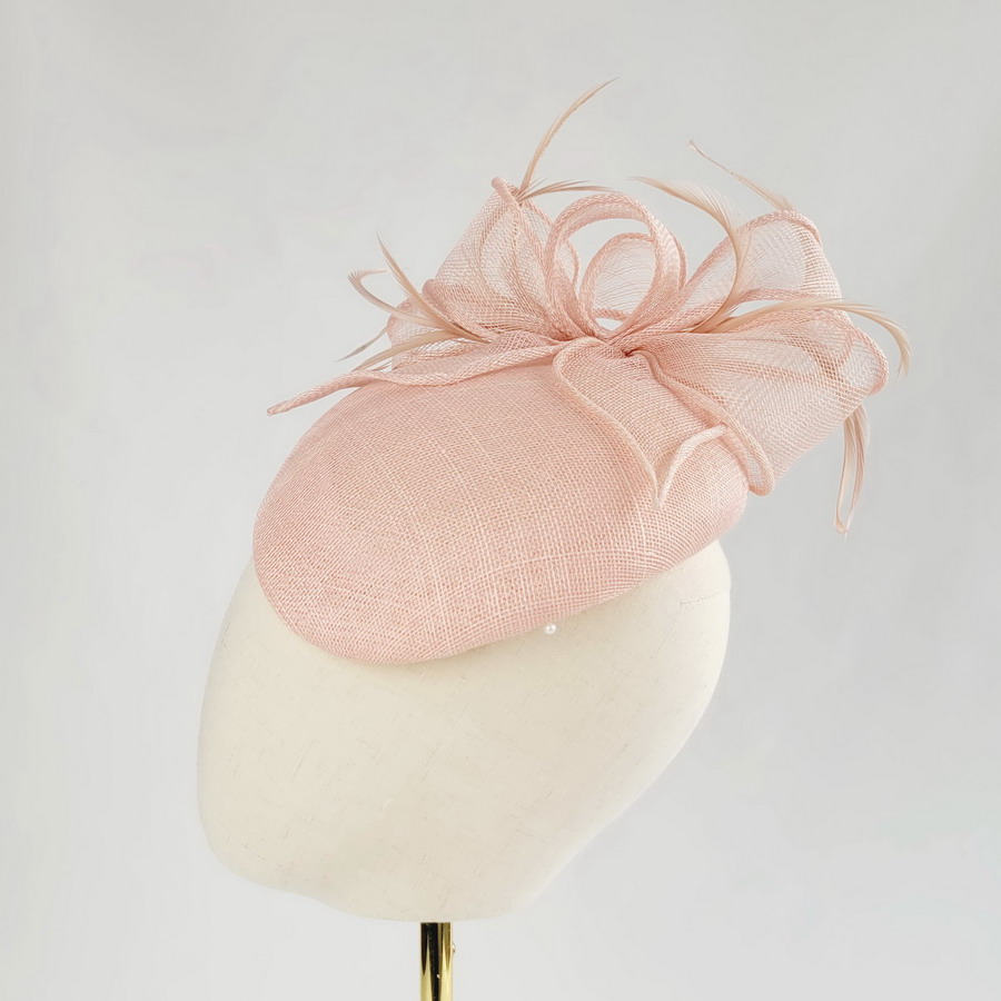 Pale Pink Sloped Beret Hat with Loops and Feathers - Image 9