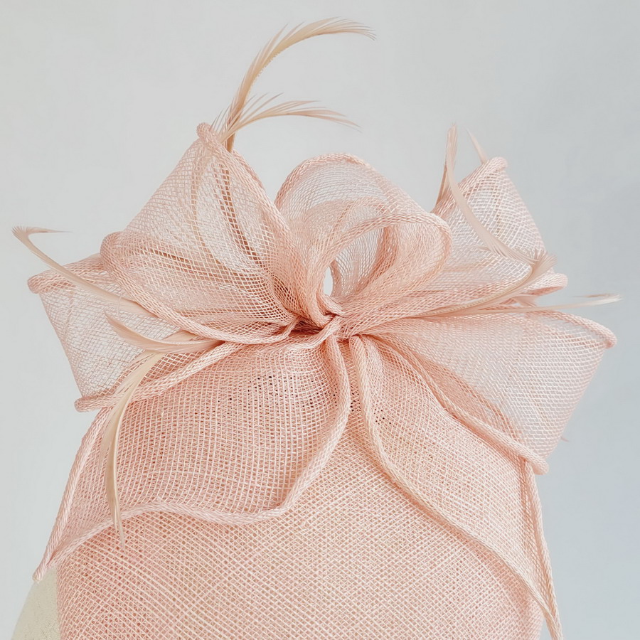 Pale Pink Sloped Beret Hat with Loops and Feathers - Image 11
