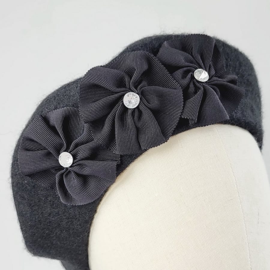 Black Beret with Ribbon Rosettes and Diamante Studs - Image 5