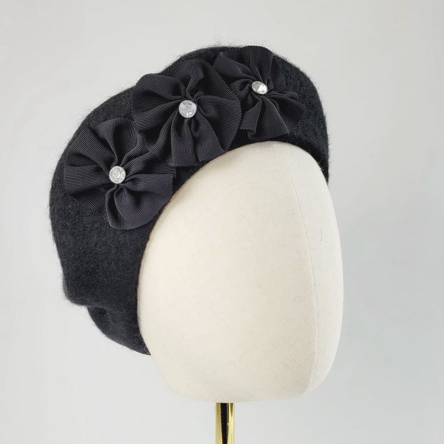 Black Beret with Ribbon Rosettes and Diamante Studs - Image 4