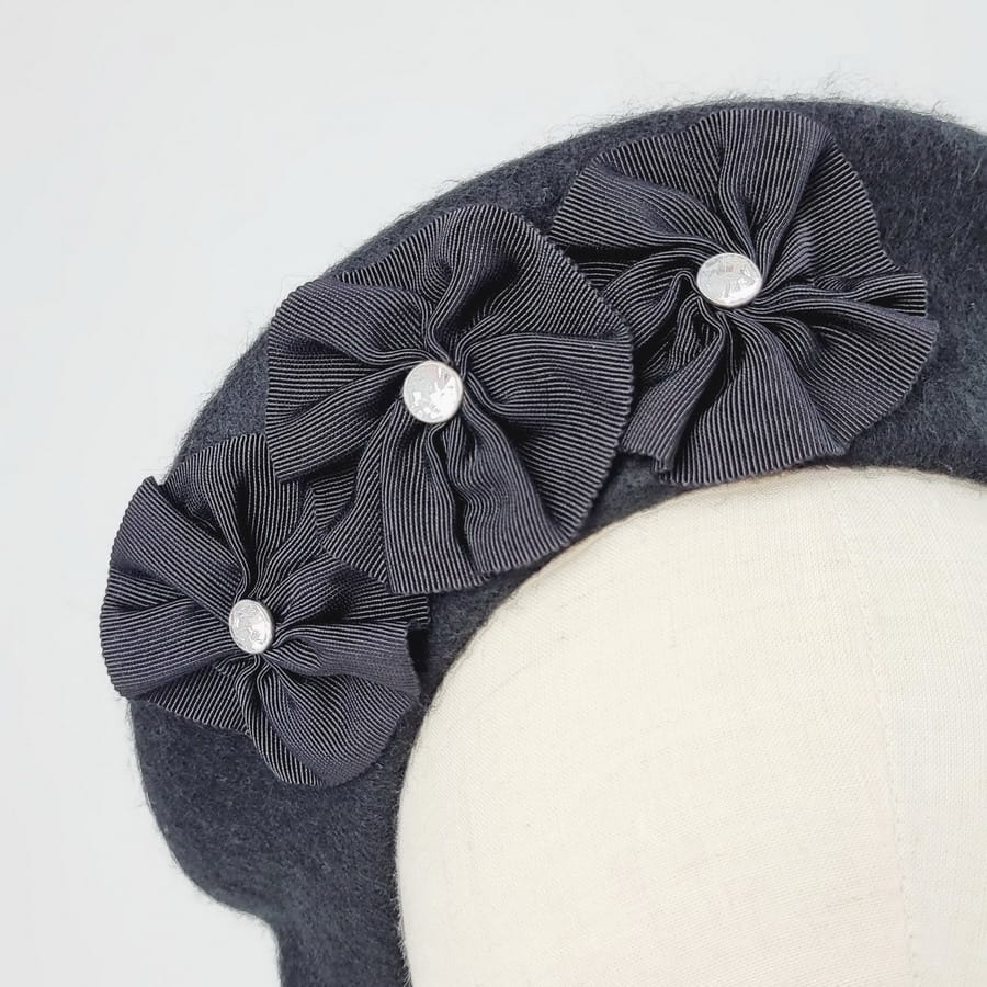 Black Beret with Ribbon Rosettes and Diamante Studs - Image 3