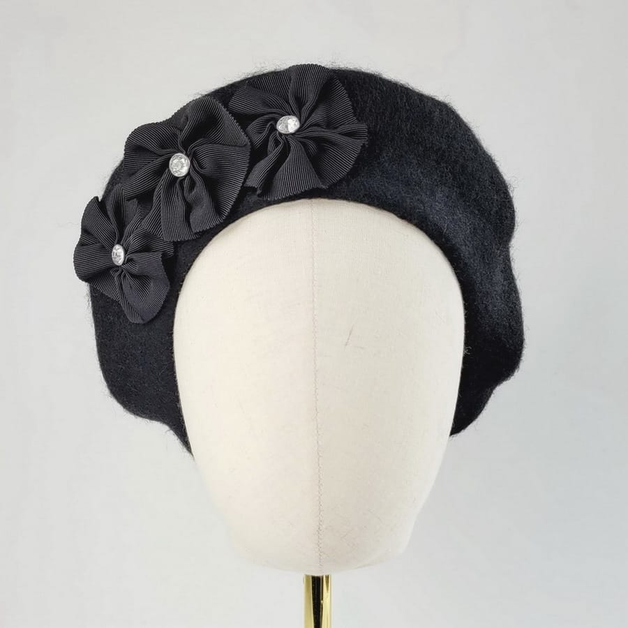 Black Beret with Ribbon Rosettes and Diamante Studs