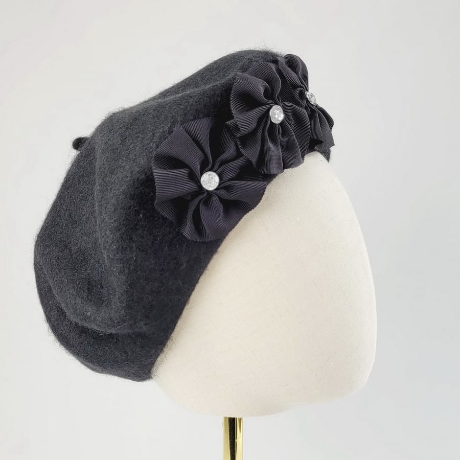 Black Beret with Ribbon Rosettes and Diamante Studs - Image 6