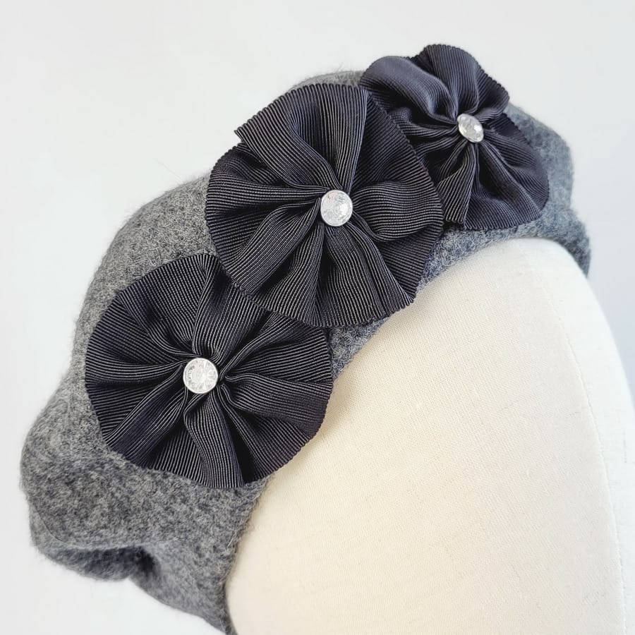 Charcoal Grey Beret with Ribbon Rosettes and Diamante Studs - Image 3