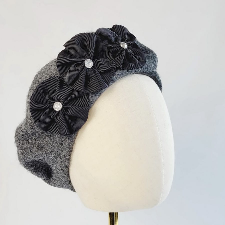Charcoal Grey Beret with Ribbon Rosettes and Diamante Studs