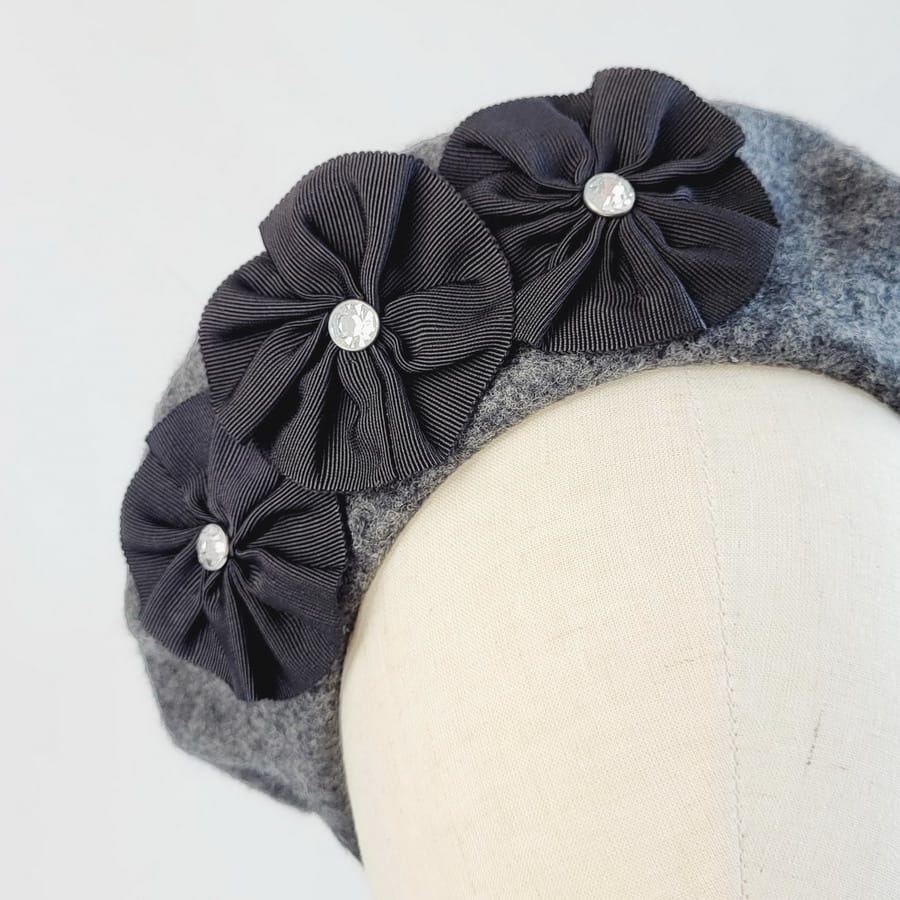 Charcoal Grey Beret with Ribbon Rosettes and Diamante Studs - Image 5