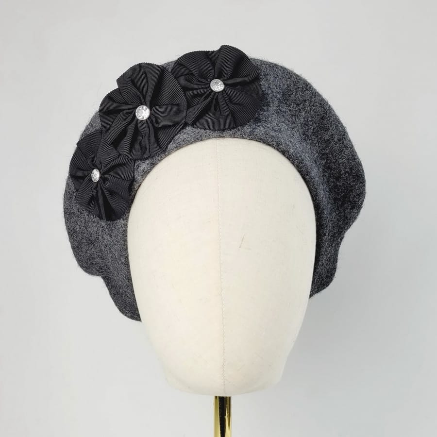 Charcoal Grey Beret with Ribbon Rosettes and Diamante Studs - Image 4
