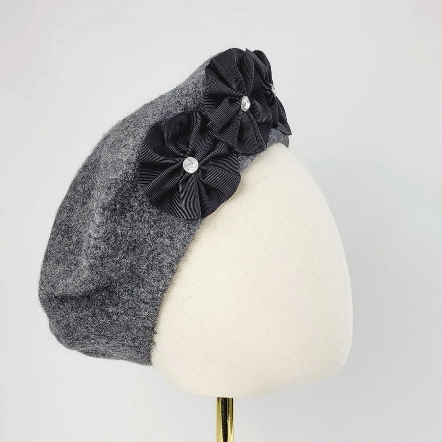 Charcoal Grey Beret with Ribbon Rosettes and Diamante Studs - Image 6