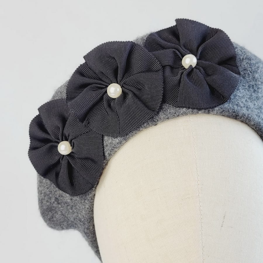 Charcoal Grey Beret with Ribbon Rosettes and Pearls - Image 5