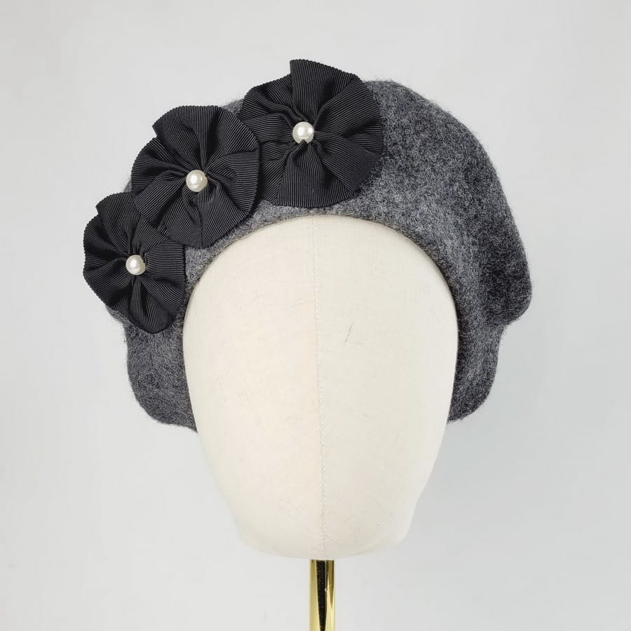 Charcoal Grey Beret with Ribbon Rosettes and Pearls - Image 4