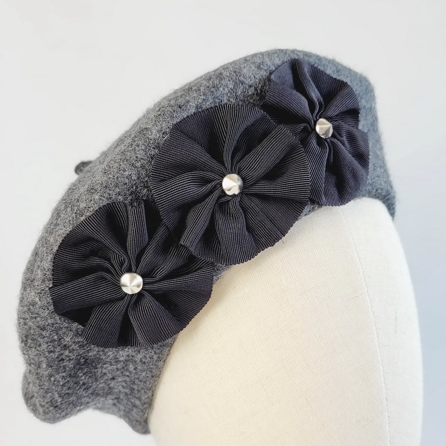 Charcoal Grey Beret with Ribbon Rosettes and Silver Studs - Image 5