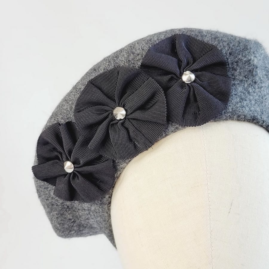 Charcoal Grey Beret with Ribbon Rosettes and Silver Studs - Image 3