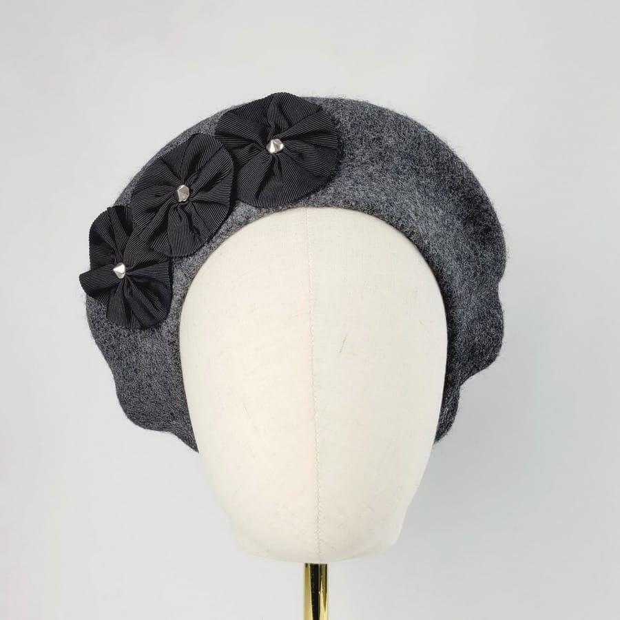 Charcoal Grey Beret with Ribbon Rosettes and Silver Studs
