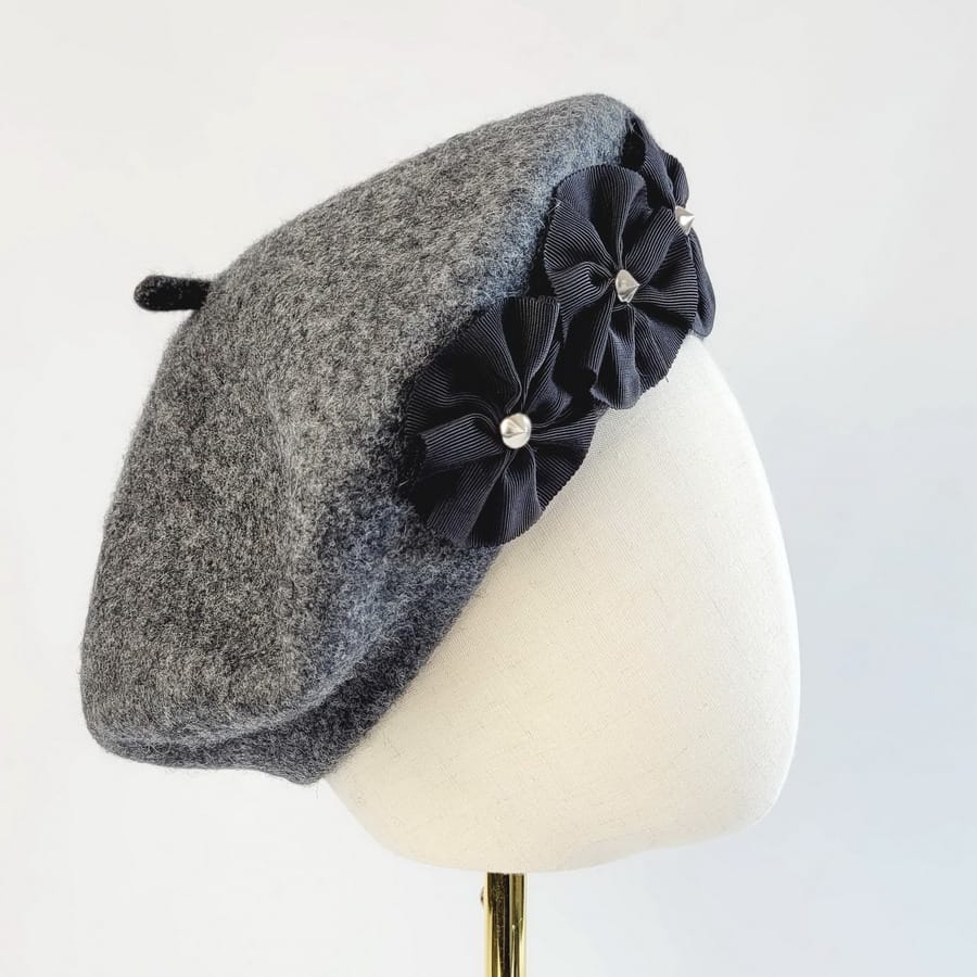 Charcoal Grey Beret with Ribbon Rosettes and Silver Studs - Image 6