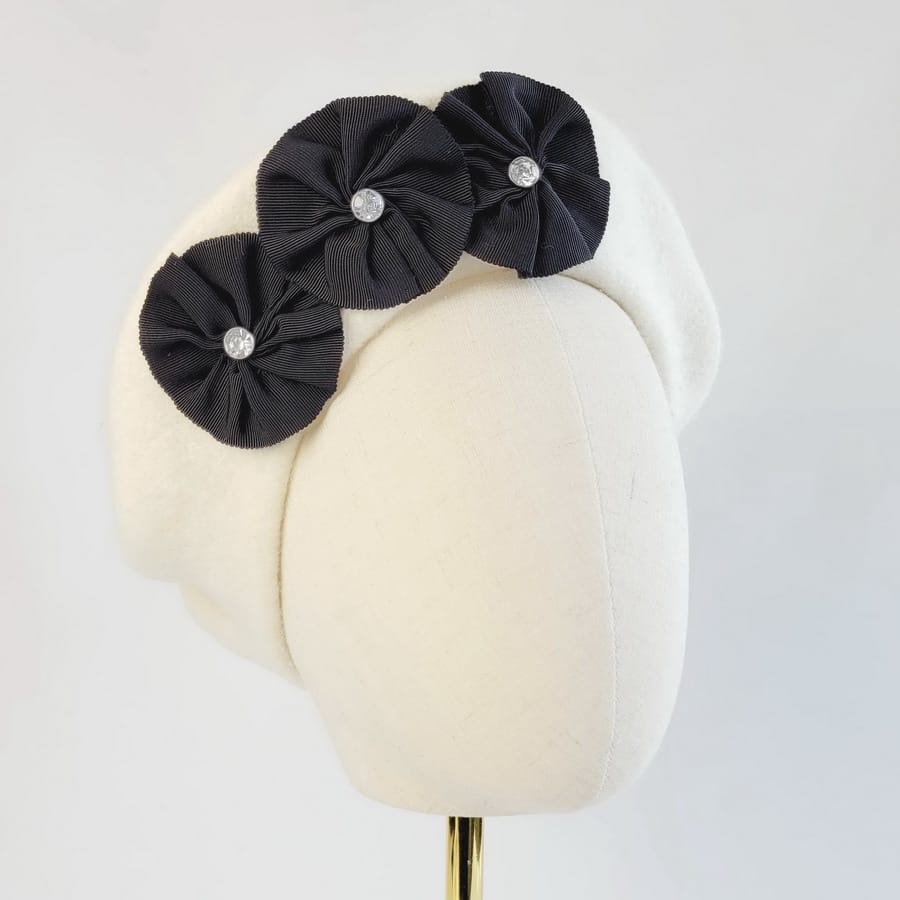 Ivory Beret with Ribbon Rosettes and Diamante Studs
