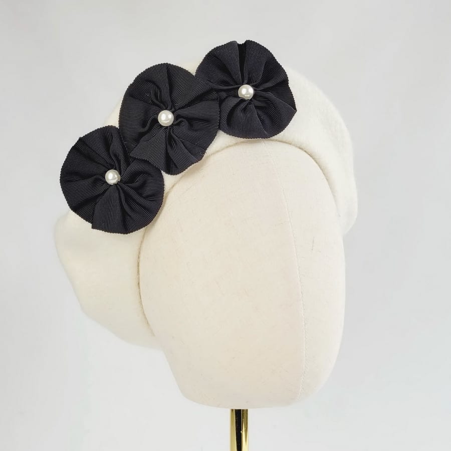 Ivory Beret with Ribbon Rosettes and Pearls - Image 4