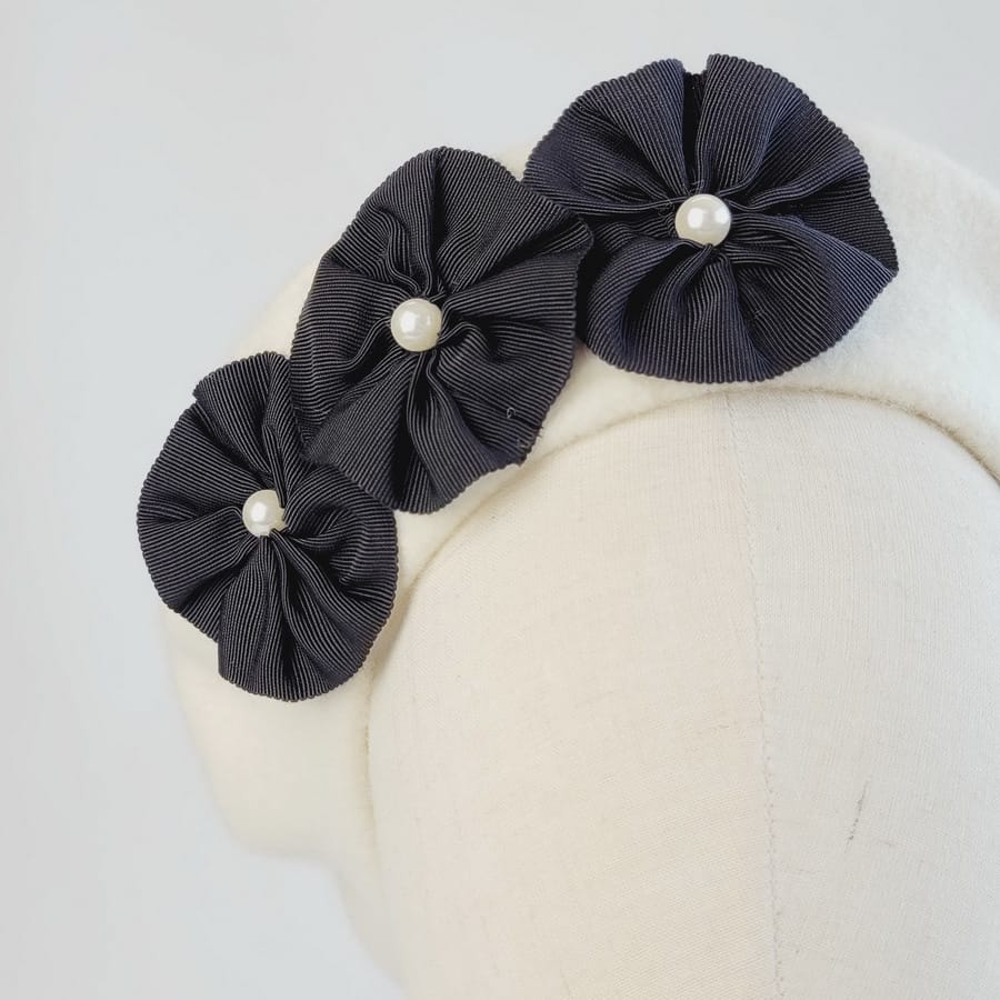 Ivory Beret with Ribbon Rosettes and Pearls - Image 3