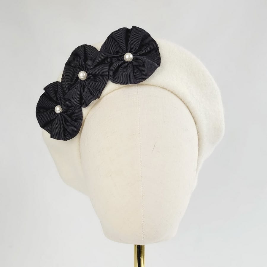 Ivory Beret with Ribbon Rosettes and Pearls