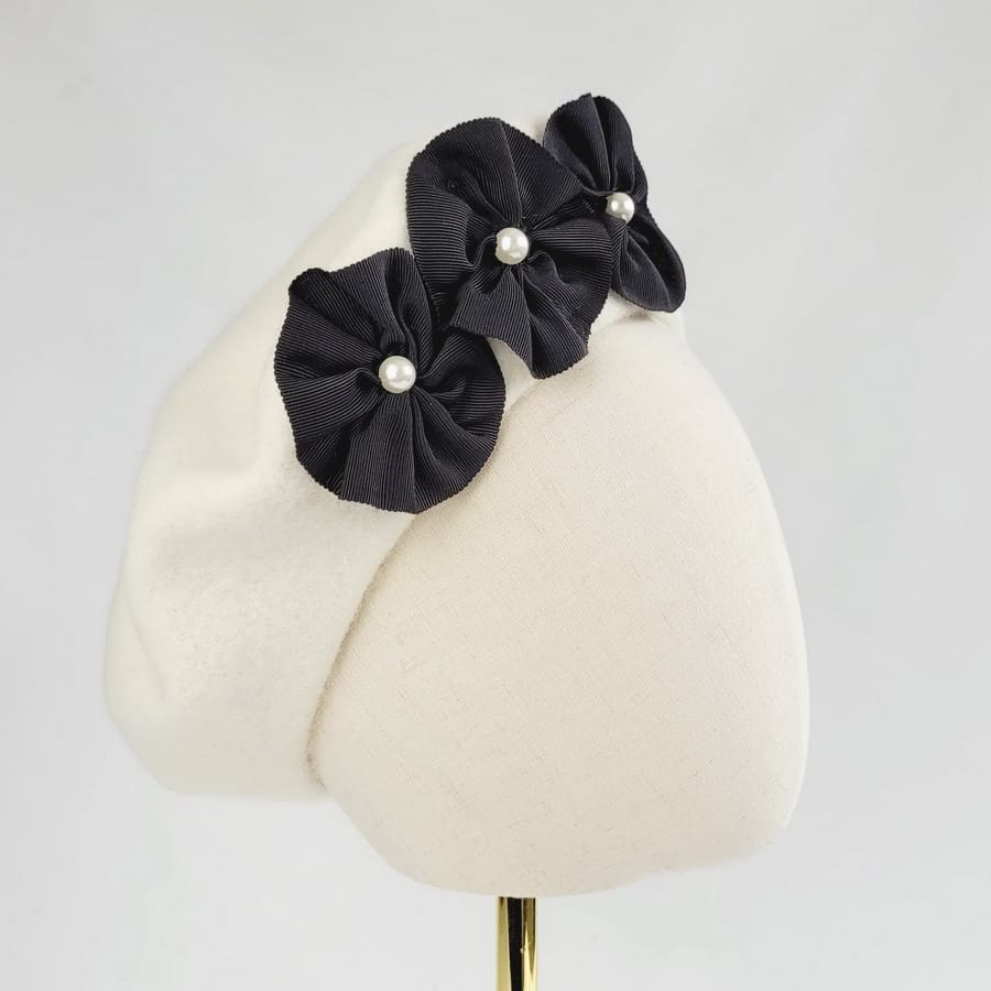 Ivory Beret with Ribbon Rosettes and Pearls - Image 6