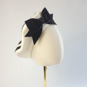 Bespoke Ivory Beret with Black Felt Circles and Black Bow