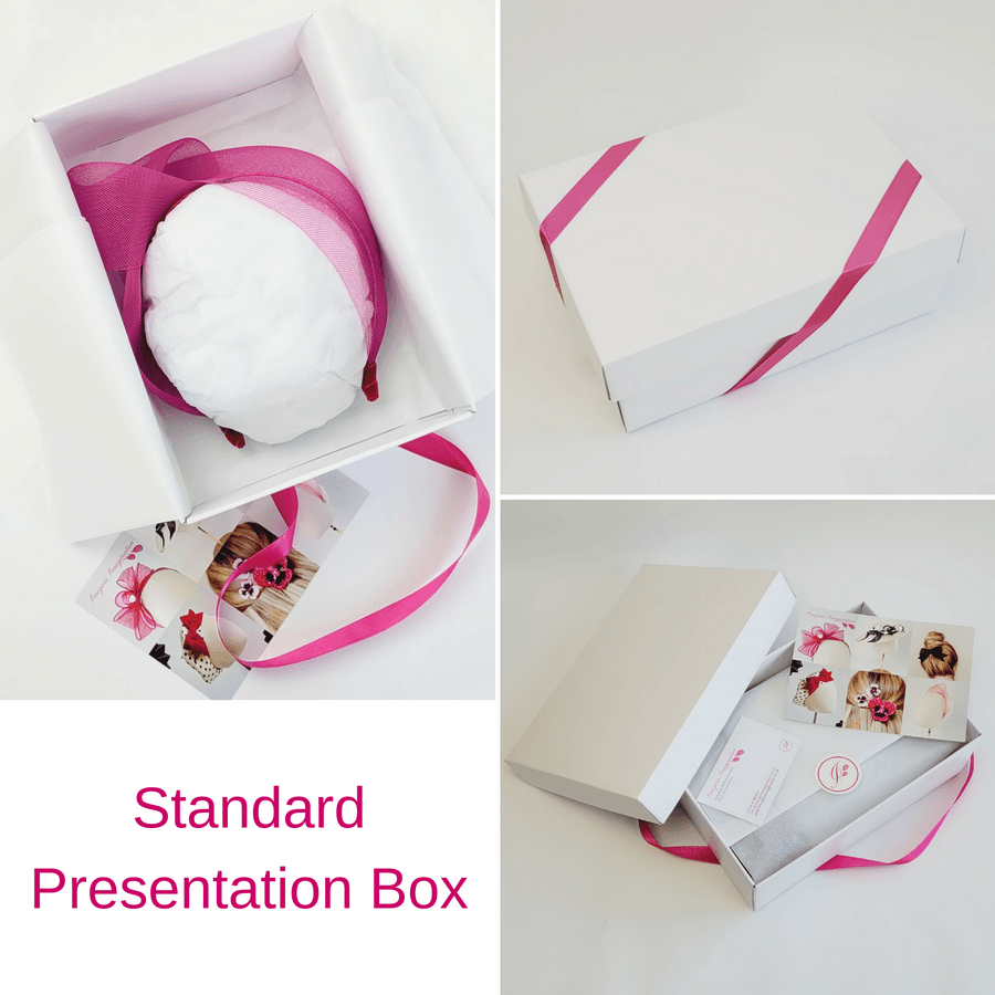 Dark Pink Crinoline Knot Headband in standard white presentation box with pink ribbon