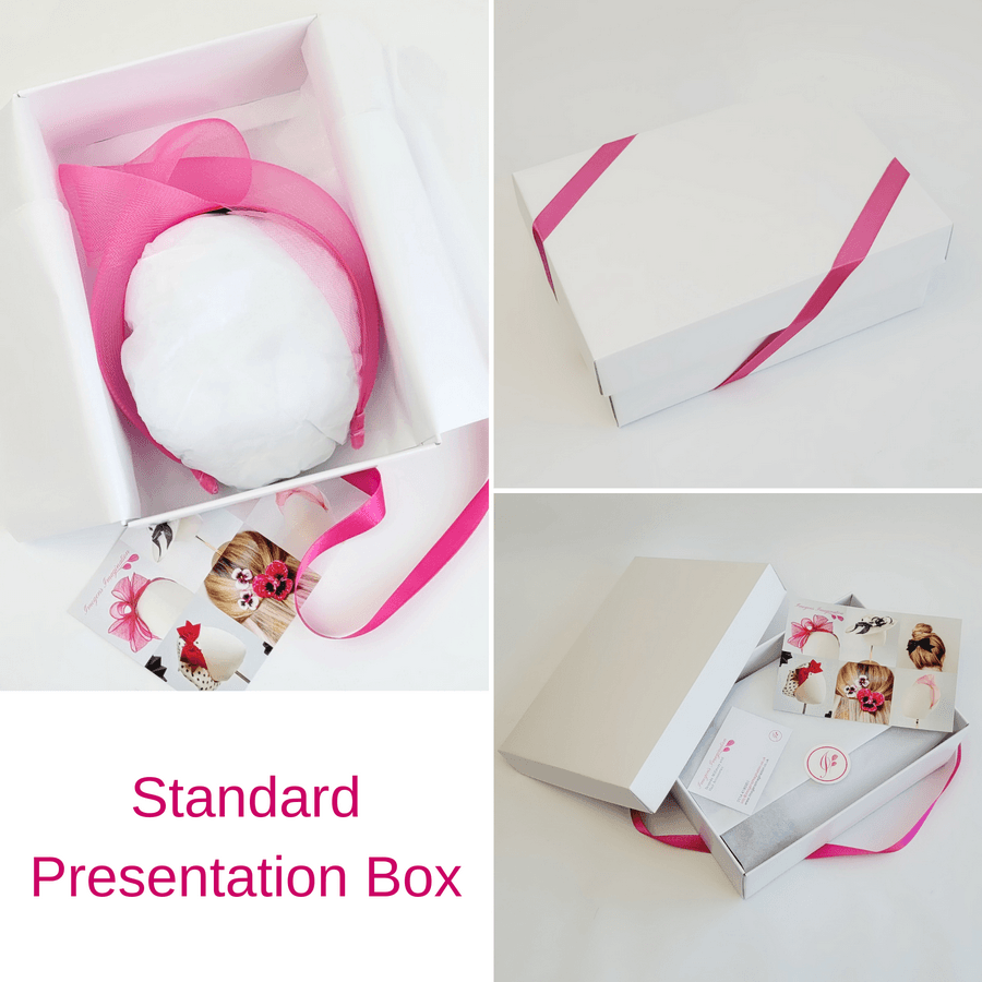 Fuchsia Pink Crinoline Knot Headband in standard white presentation box with pink ribbon