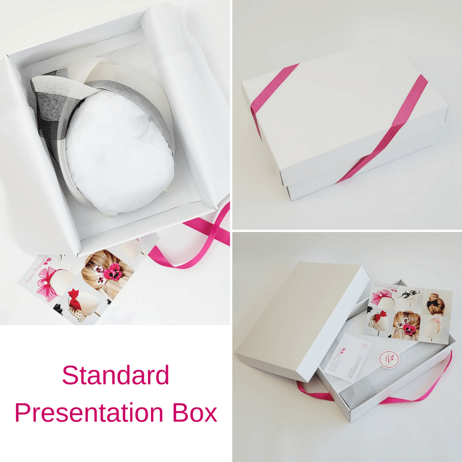 Ivory Black Crinoline Knot Headband in standard white presentation box with pink ribbon