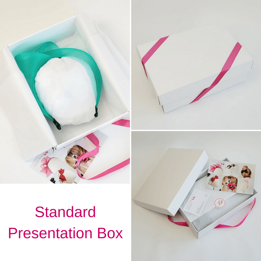 Jade Green Crinoline Knot Headband in standard white presentation box with pink ribbon