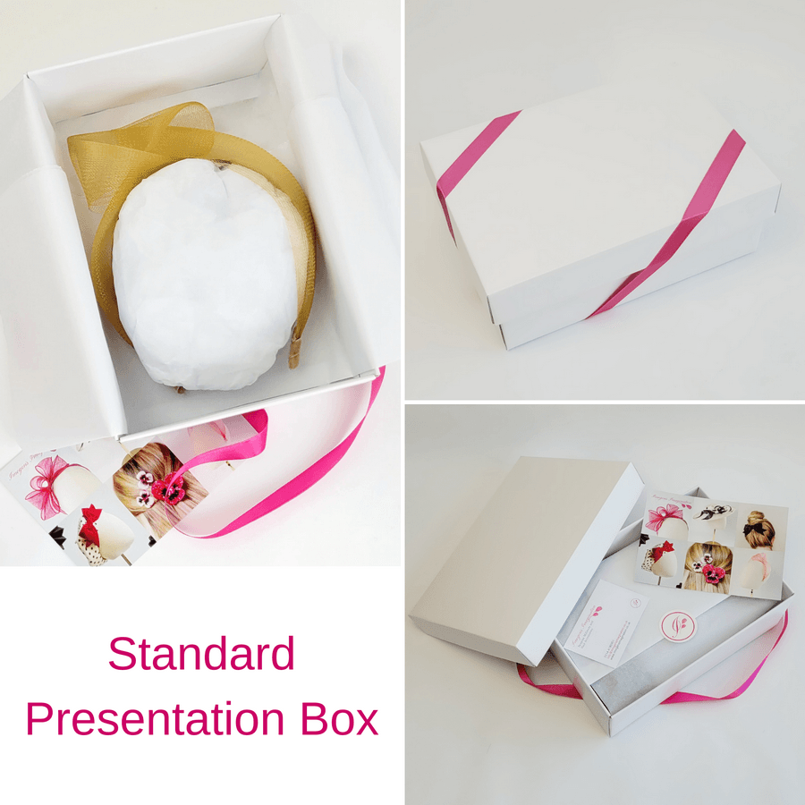 Mustard Yellow Crinoline Knot Headband in standard white presentation box with pink ribbon