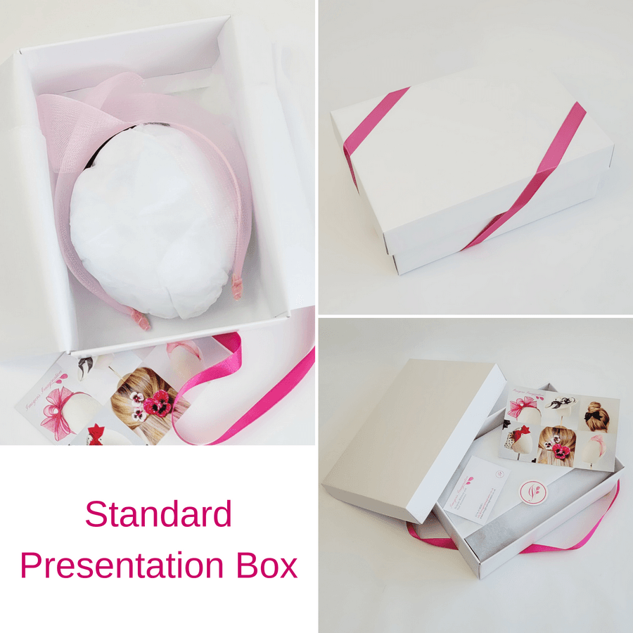 Pale Pink Crinoline Knot Headband in standard white presentation box with pink ribbon