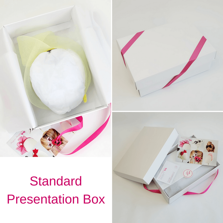 Pale Yellow Crinoline Knot Headband in standard white presentation box with pink ribbon
