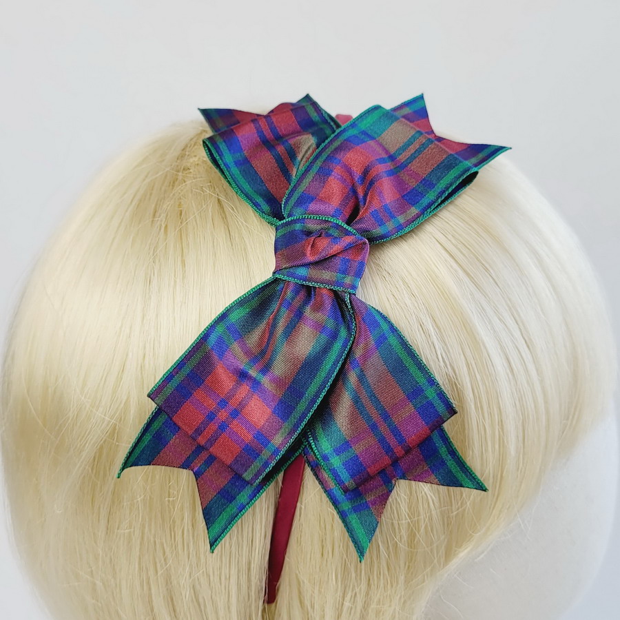 Wine Red Lindsey Tartan Bow Headband - Image 2
