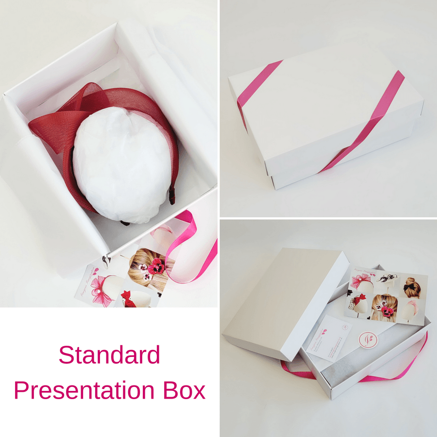 Wine Red Crinoline Knot Headband in standard white presentation box with pink ribbon