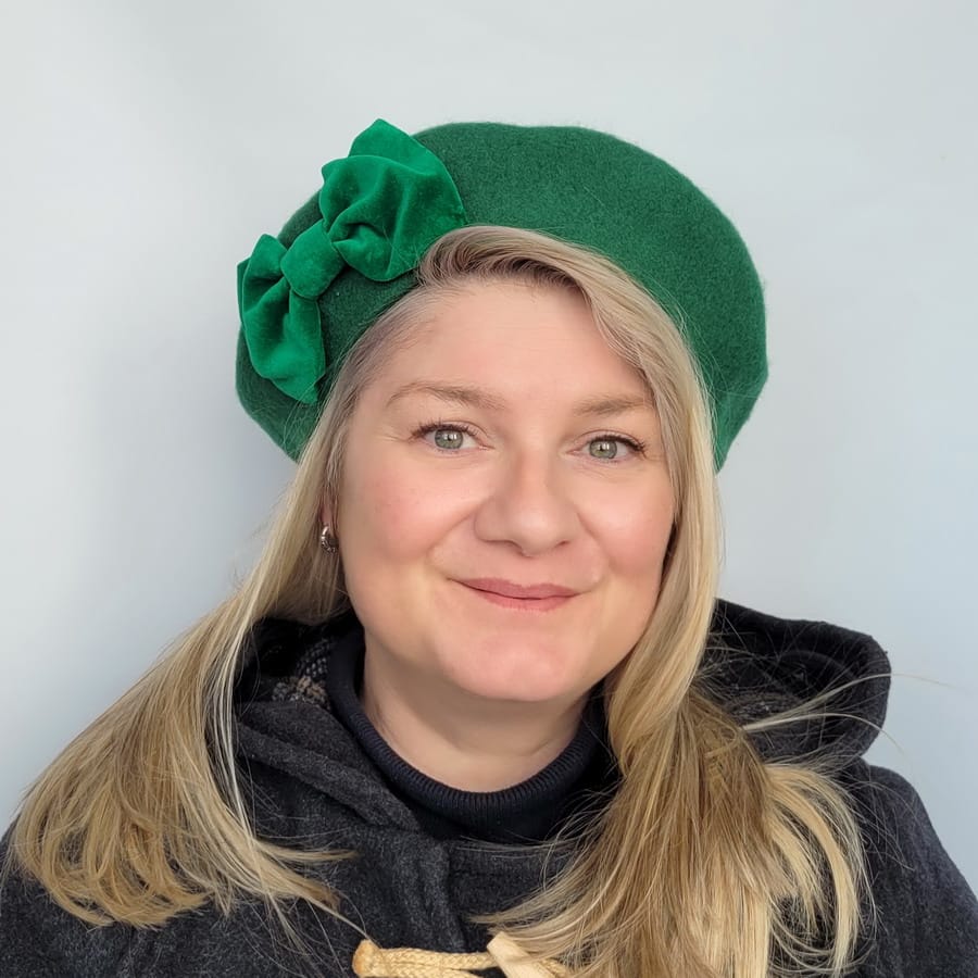 Emerald Green Beret with Green Velvet Bow worn by a woman in her 40s with long blonde hair