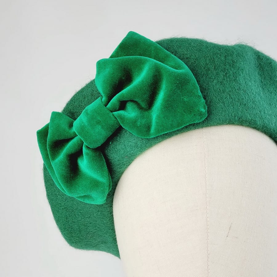 Emerald Green Beret with Green Velvet Bow