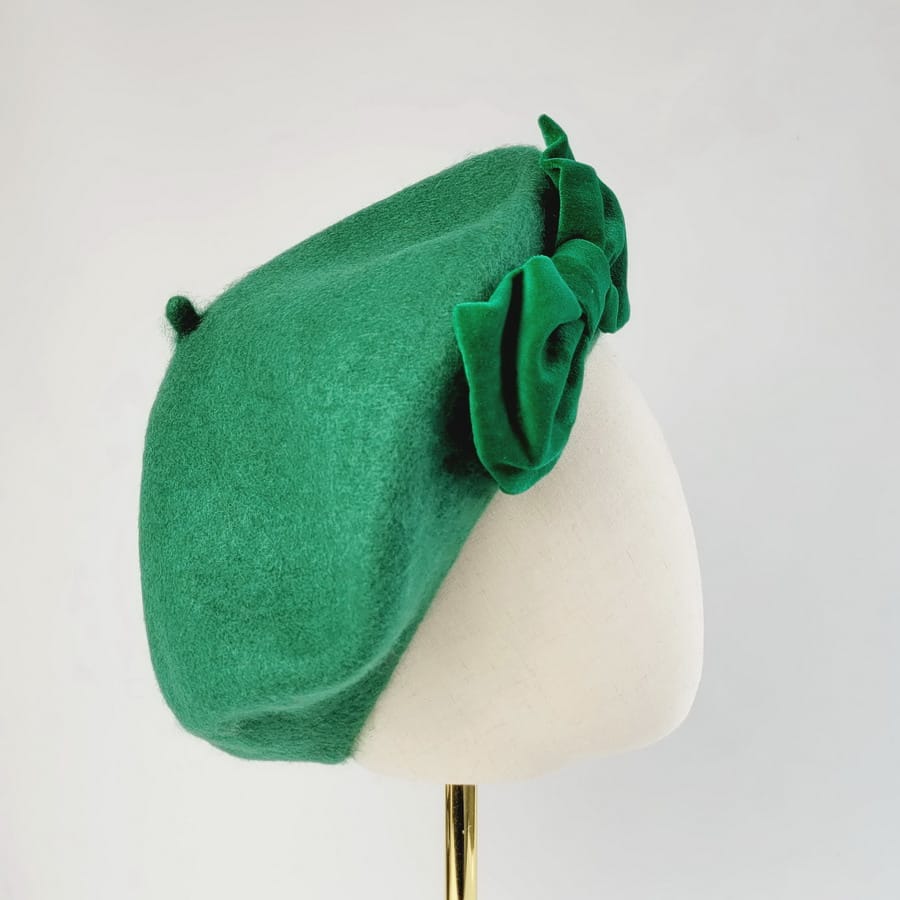 Side view of Emerald Green Beret with Green Velvet Bow