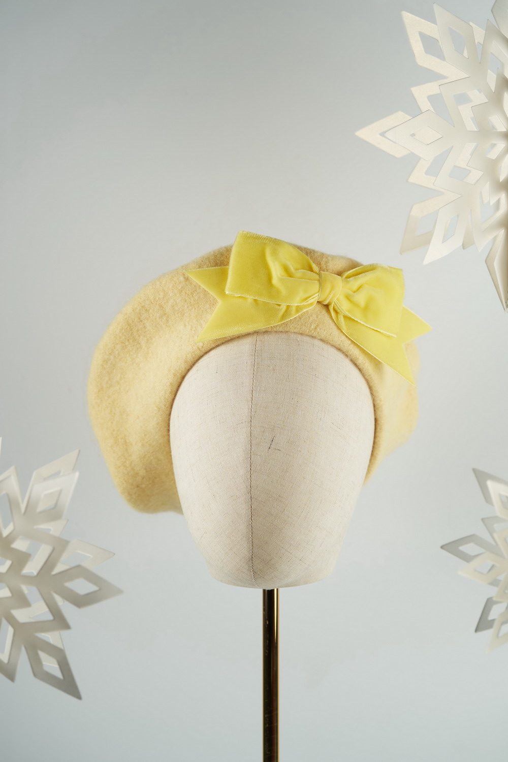 Pale Yellow Beret with Yellow Velvet Ribbon Bow