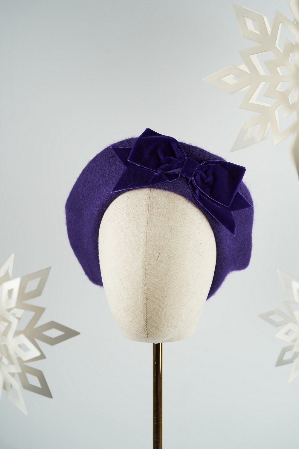 Purple Beret with Purple Velvet Ribbon Bow